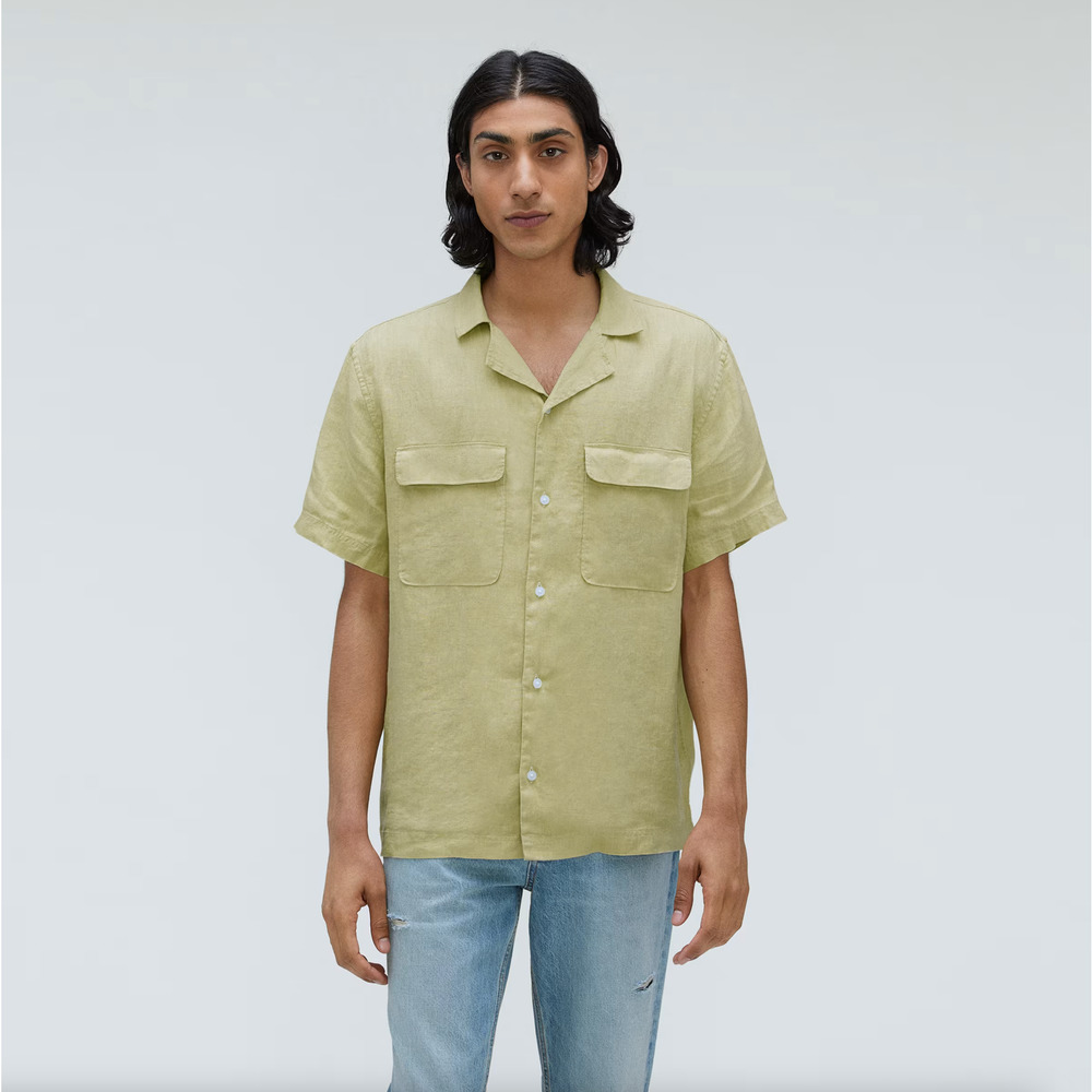 EVERLANE The Relaxed Linen Short Sleeve Camp Shirt Leek Green {I28}